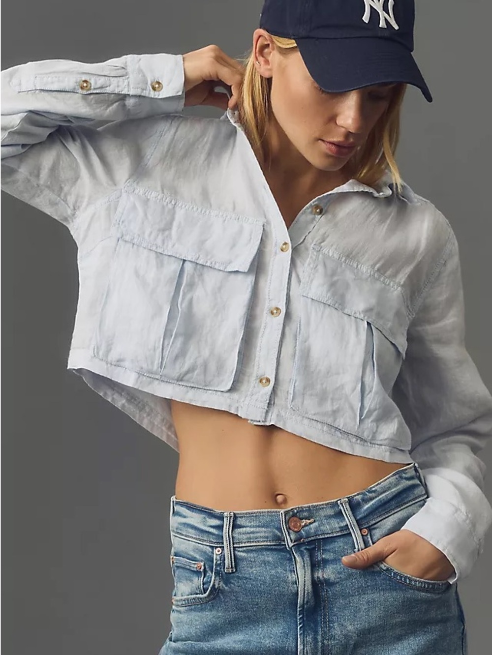 NWT Anthropologie Pilcro Utility Cropped Buttondown Shirt Light Blue 100% linen